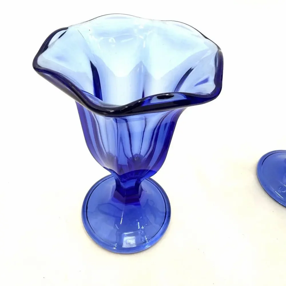Vintage 70s Set of 3 Cobalt Blue Retro Dessert Ice Cream Sundae Glasses